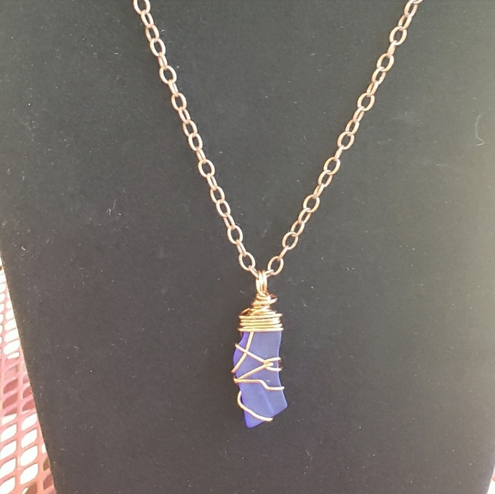 Copper Wire Wrapped Sea Glass~ Cobalt - Picture 2 of 3